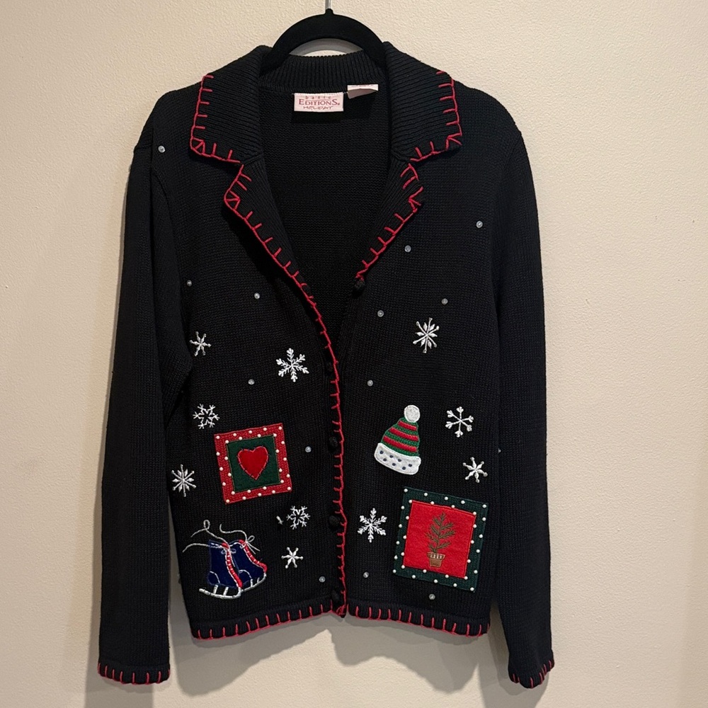 Holiday Christmas embroidered Black Sweater with Snowmen Festive Accents